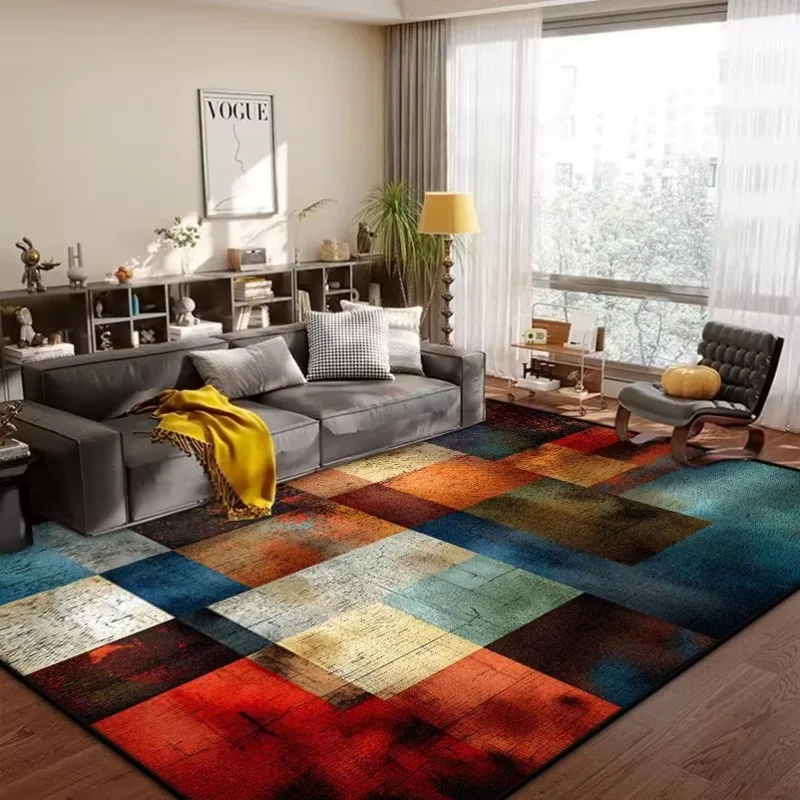 Modern Patchwork Color Block Area Rug Flannel Carpet for Living Room Bedroom Non Slip Floor Rug Vintage Geometric Art Design
