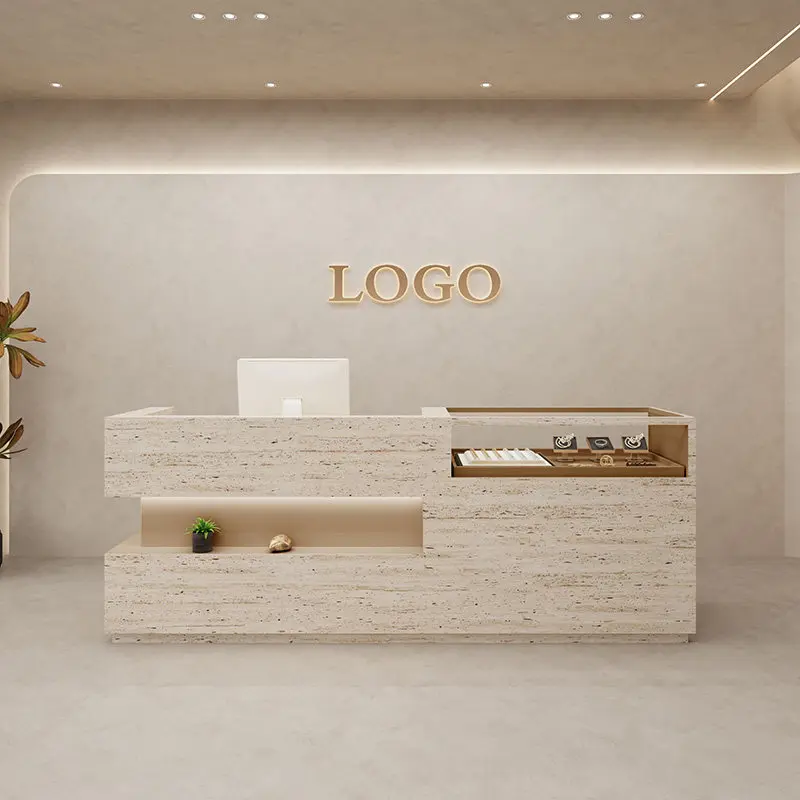 

Длинная роскошная стойка ресепшн с лампами-катетерами Emfangs, современная стойка ресепшн Tiend, адаптированная для кафе, мебель для ресепшн