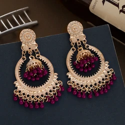 Boho Vintage Purple Beads Round Dangle Earrings for Women Fashion Gold Color Alloy Bells Tassel Earrings Jhumka Wedding Jewelry