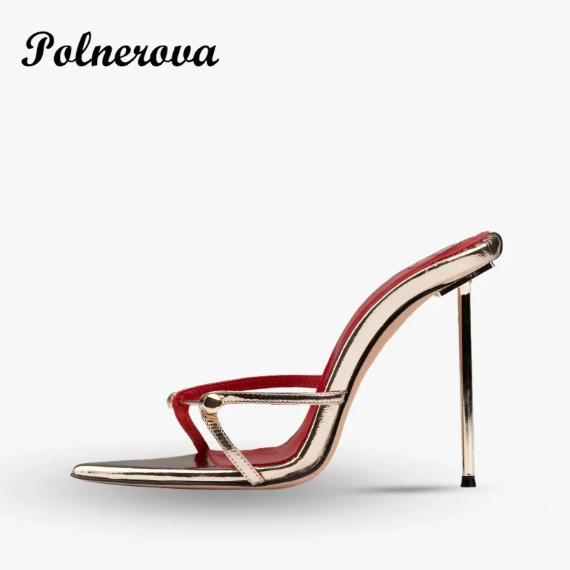 

Metal Pin Stiletto Heels Mules Pointy Toe Slip On Slippers Party Dress Heels Handmade Women Shoes Zapatos Para Mujere