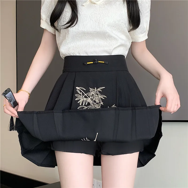 2024 Spring and Summer New Chinese Style Women Improved Short Skirt for Women with Black Flower Embroidery Pleated Short Skirts