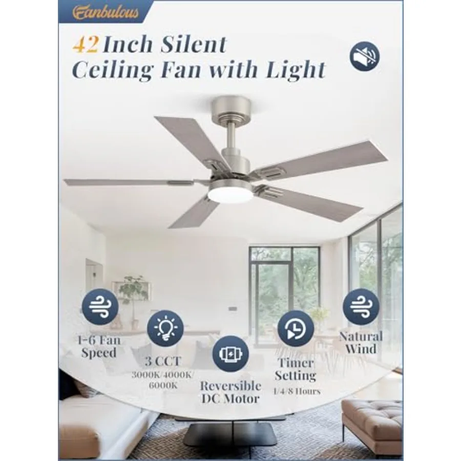Bedroom ceiling fan with light and remote: modern low-profile nickel finish, dimmable 3CCT LED, quiet DC motor, reversible, 6 s