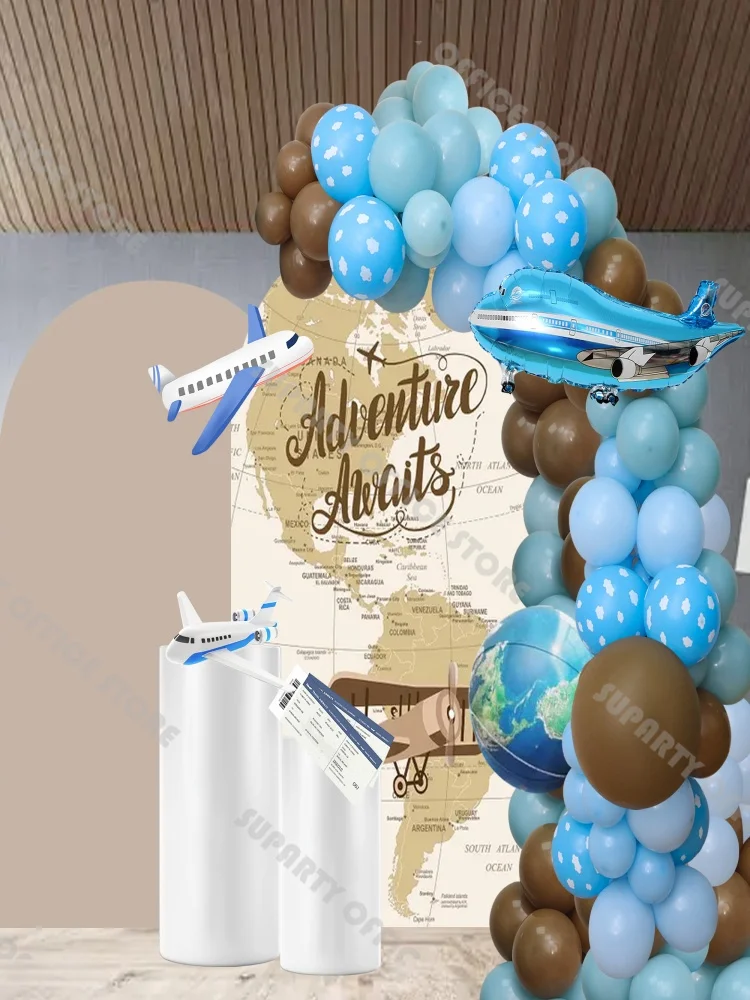 103pcs Traveling Party Balloon Garland Kit Blue White Cloud Earth 4D Globos Baby Shower Birthday Decor Gender Reveal Background