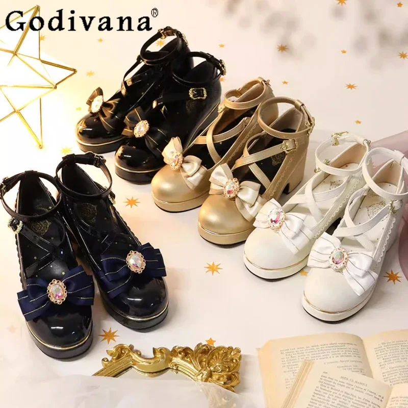 

Japanese Soft Sister Lolita High Heels Women's Sweet Bow Cross Strap Lo Mary Jane Shoes Lady Spring and Summer Platform Shoes