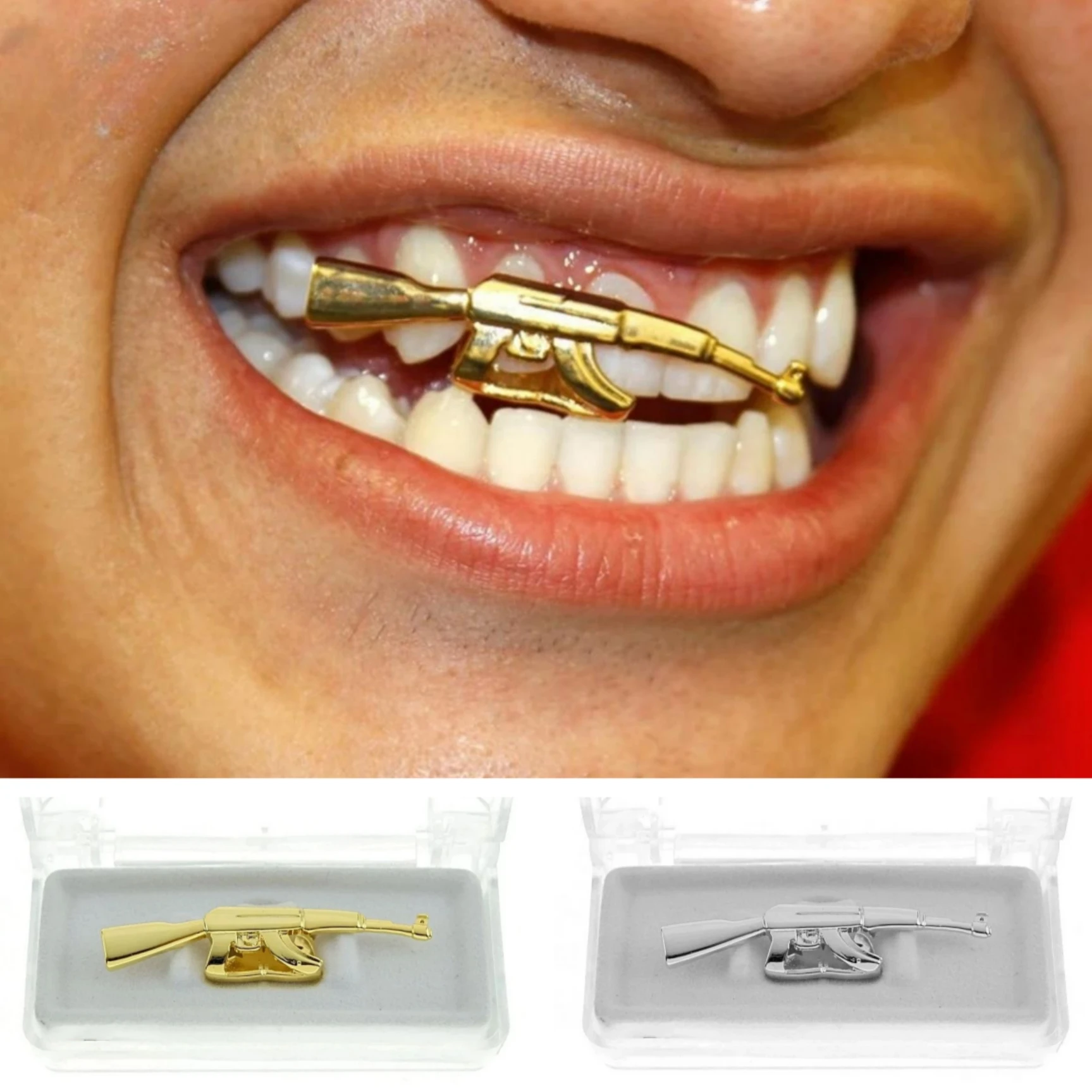 Teeth For Men Women Rock AK47 Rifle Grillz Cap Top Grills AK Gold Grillz On Teeth Cosplay Party Teeth Caps Rapper Body Jewelry