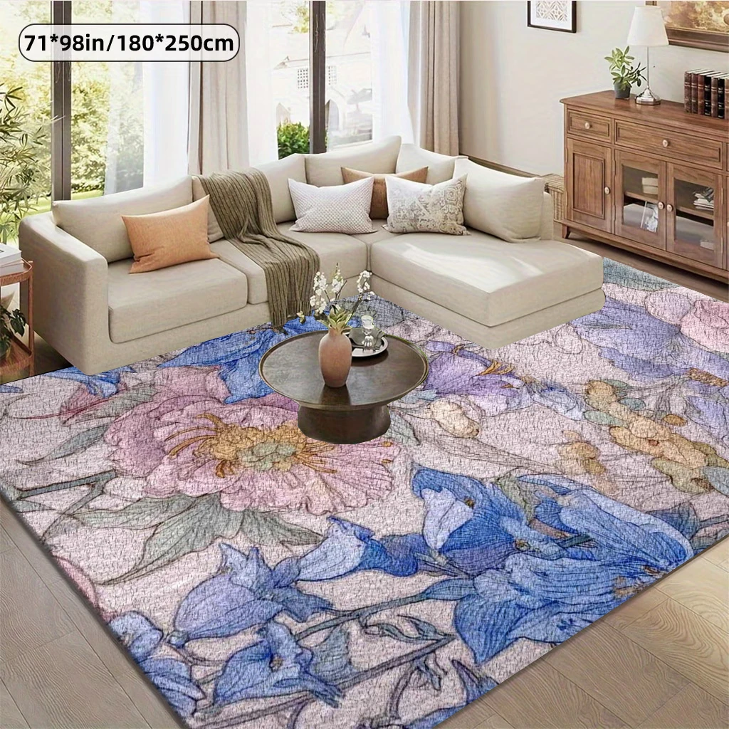 Vintage Watercolor Floral Area Rug Pink Purple Blue Peony Lily Botanical Carpet Soft Floor Mat for Living Room Bedroom Decor