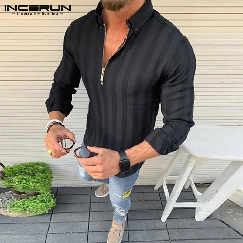 

Fashion Men Long Sleeve Lapel Shirts Striped Zipped Casual Trend Fitness Pullover Mens Blouse Camisa Masculina INCERUN Tops 2022