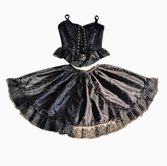 Japanese Style Gothic Harajuku Lolita Fishbone Corset Womens Slim-Fit Lace Black Top and Skit Two-piece Set Spring and Autumn