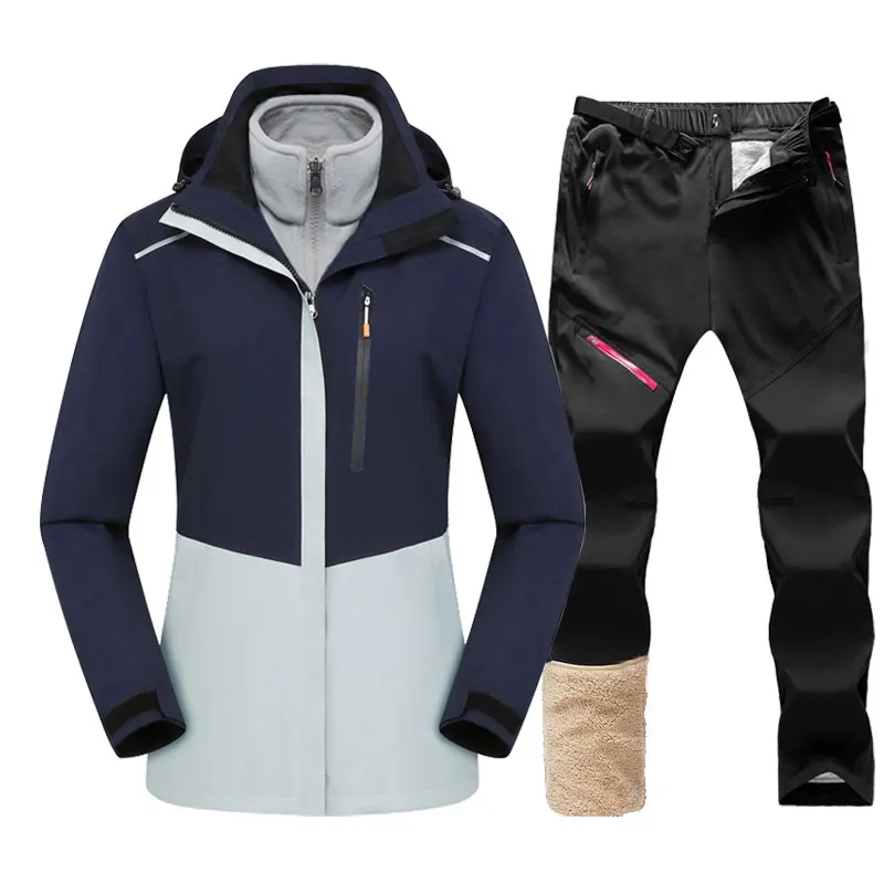 ผู้หญิงฤดูหนาวชุดสกี 3 ใน 1 สกีหิมะขนแกะแจ็คเก็ต WARM Windproof หนาสโนว์บอร์ดเสื้อ + กางเกงกันน้ํา ALPINE ชุดสกี