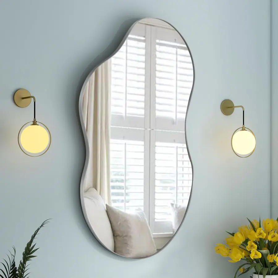 

Decorative Wall Mirror Irregular, 36x20 Silver Asymmetrical Mirror with Metal Frame for Wall Decor Bathroom Livi Curvy Abstract