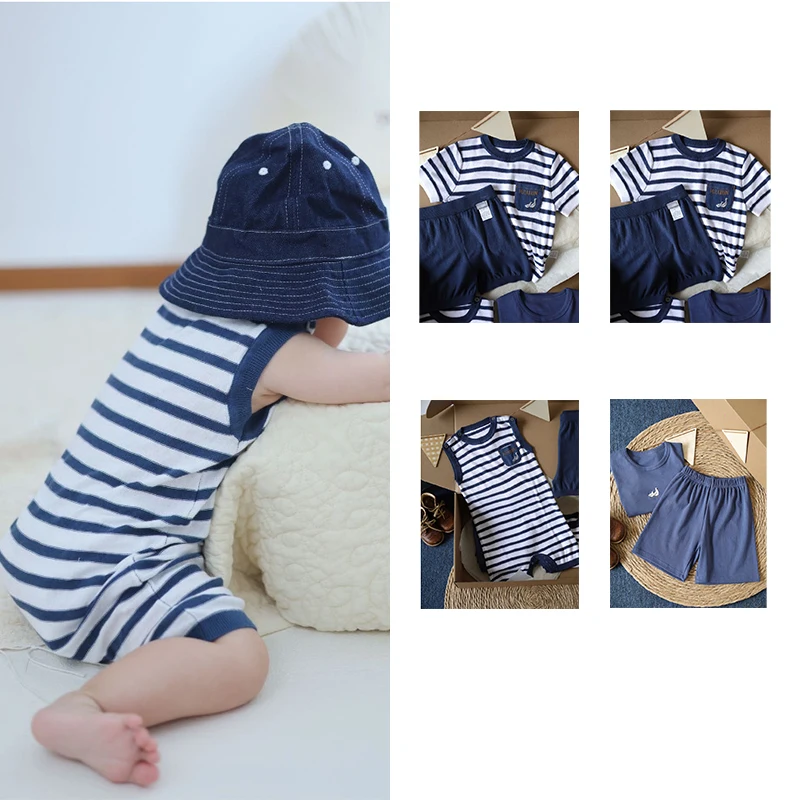 

Kids Home Set 25 New MB Baby Striped Short Sleeve Kids T-Shirt Knitwear Set Boys and Women's Crawling Suits