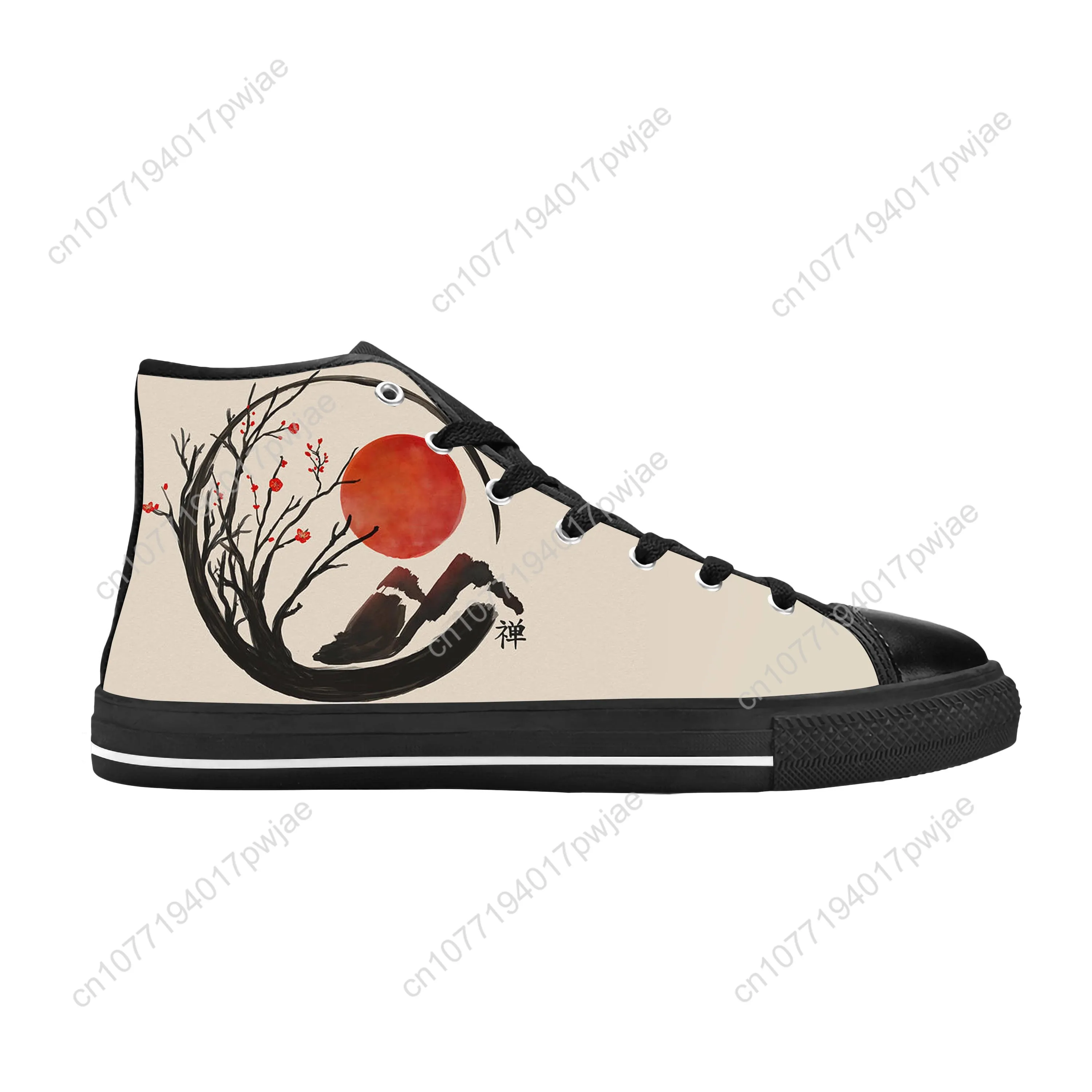 Sapatilhas japonesas de bonsai high top para homens e mulheres, sapatos de pano casuais, confortável respirável, impressão 3D, zen budista, círculo Enso, quente