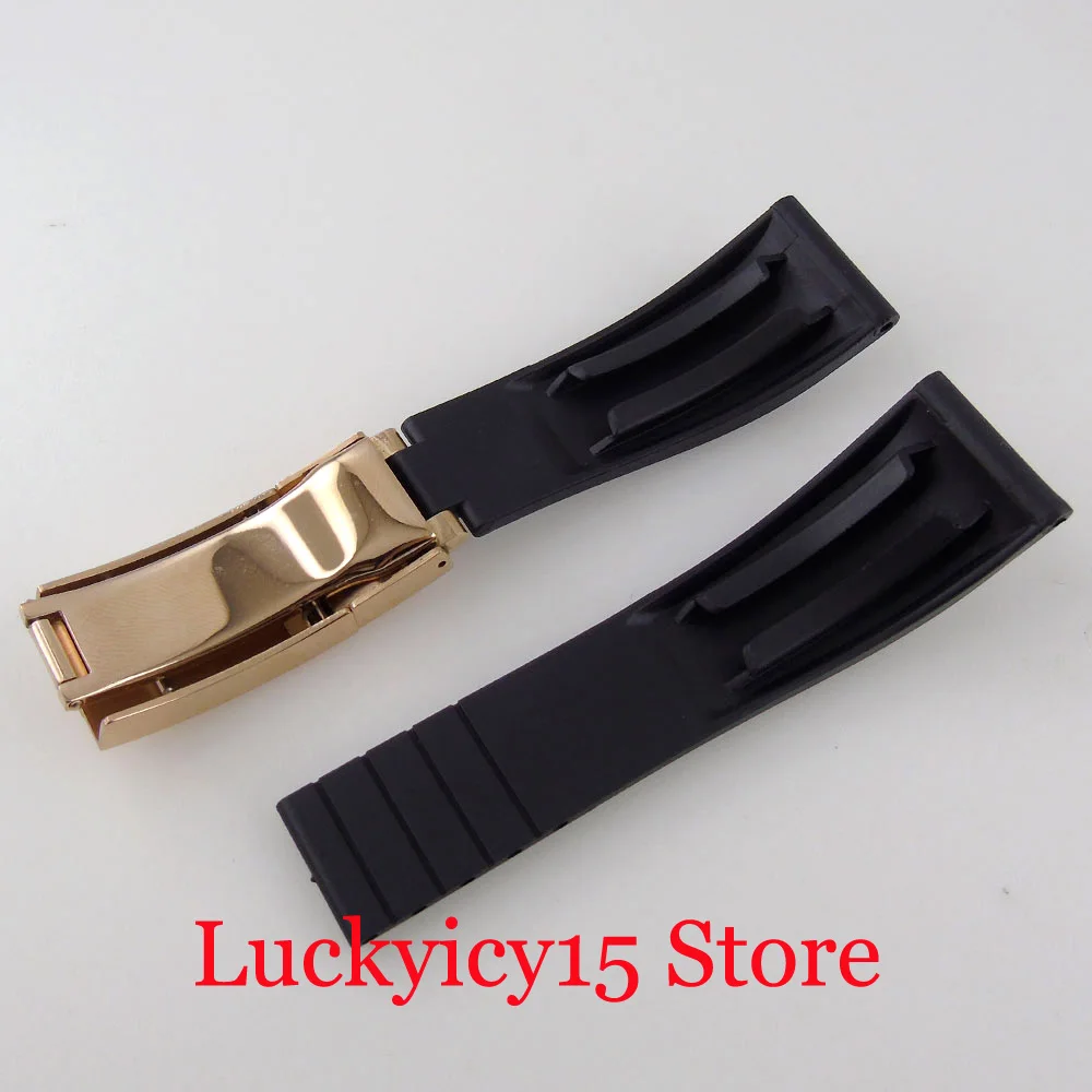 Rubber Silicone Watchbands Strap 20MM Width Lugs Black/Rose Gold Stainless Steel Deployant Clasp Fit 40MM Men's Automatic Watch