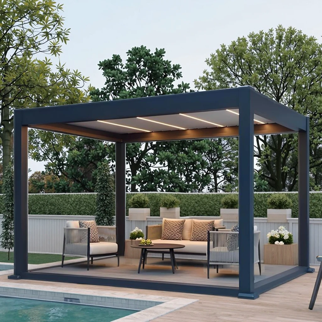 Customized Products High Quality One-Touch Retractable Roof Aluminum Motorized Gazebo for Chess and Card Room Entertainment