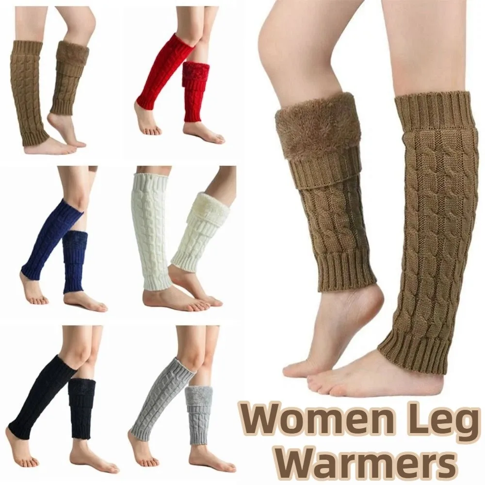 

Twist Pattern Knitting Leg Warmers Solid Color Fleece-Lined Ankle Warmer Double-Layered Elastic Foot Covers Outdoor Activities