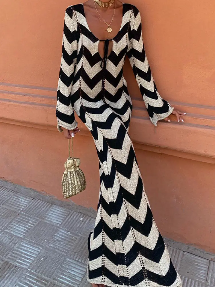 Women Chic Wave Striped Knitted Long Dress Fashion V-neck Lace Up Long Sleeved Slim Maxi Dresses 2024 New Female Vacation  Robes