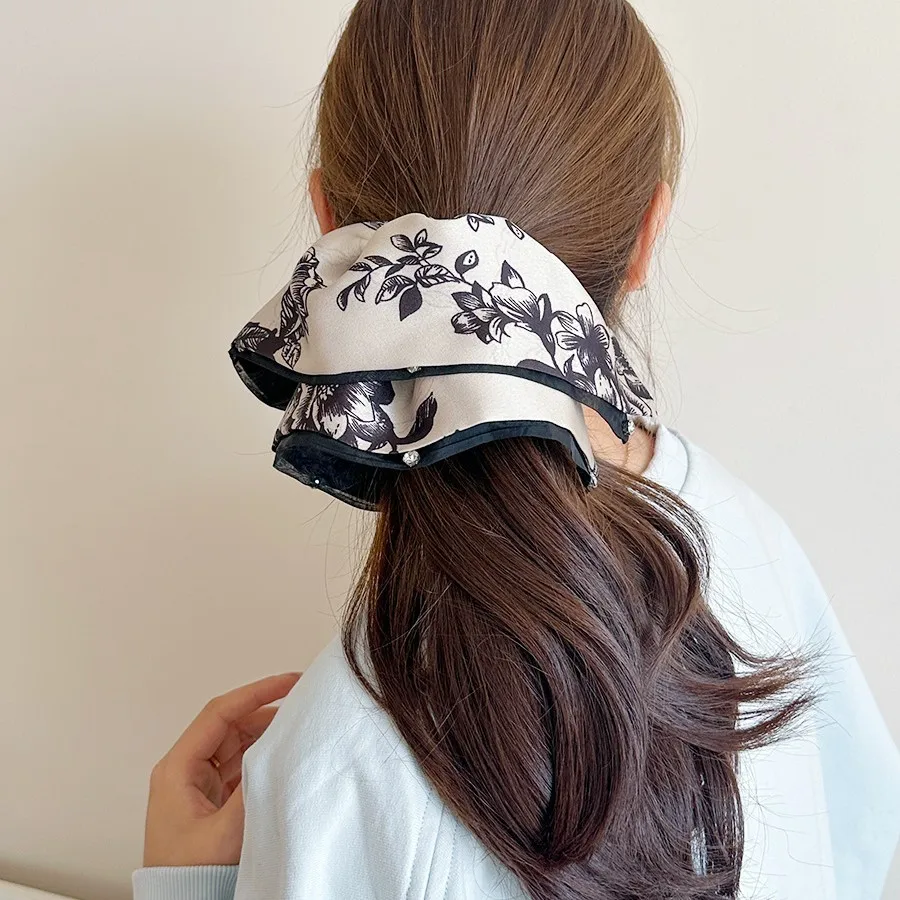 Satin Print Ink Wash Scrunchie Pleated Elastic Hair Tie for Women Bun Ponytail Daily Premium Black White