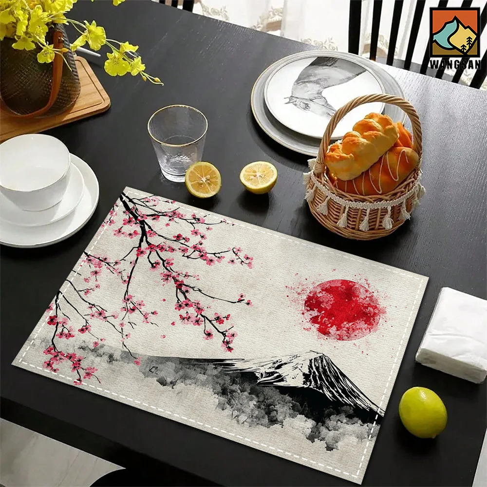 VIKAMA Mount Fuji Cherry Blossom Placemat Japanese Style Linen Heat Resistant Dining Table Mat for Home Decor