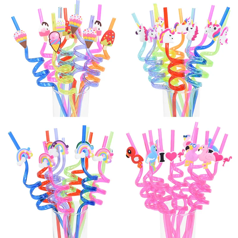 8pcs Mermaid Unicorn Flamingo Theme Party Decor Plastic Drinking Straws For Kids Birthday Baby Shower Decorations Party Supplies