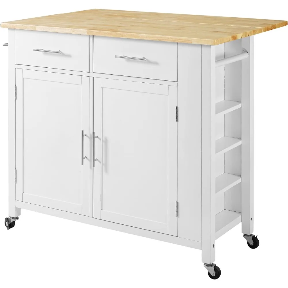 

Wood Top Drop Leaf Rolling Kitchen Island Cart with Spice Rack and Shelves, White