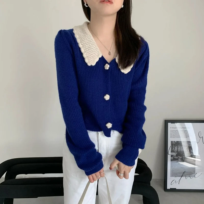 2024 New Retro Sweet Girl Versatile Sweater Cardigan Loose Long Sleeve Doll Collar Solid Color Spliced Button Women\'s Coat Top