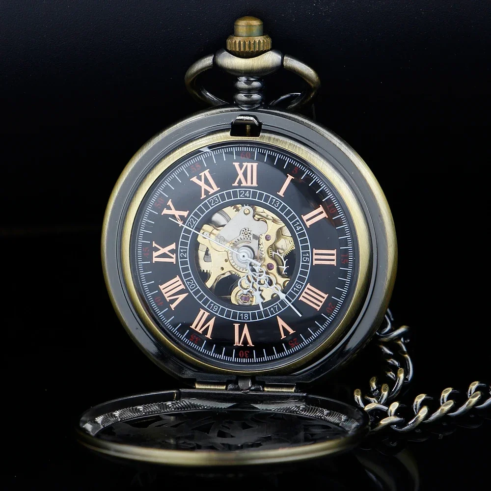 NEW Retro Bronze Mechanical Hand Winding Pocket Watch Red Wood Decor Luxury Pendant Clock Pocket Clock PJX1628