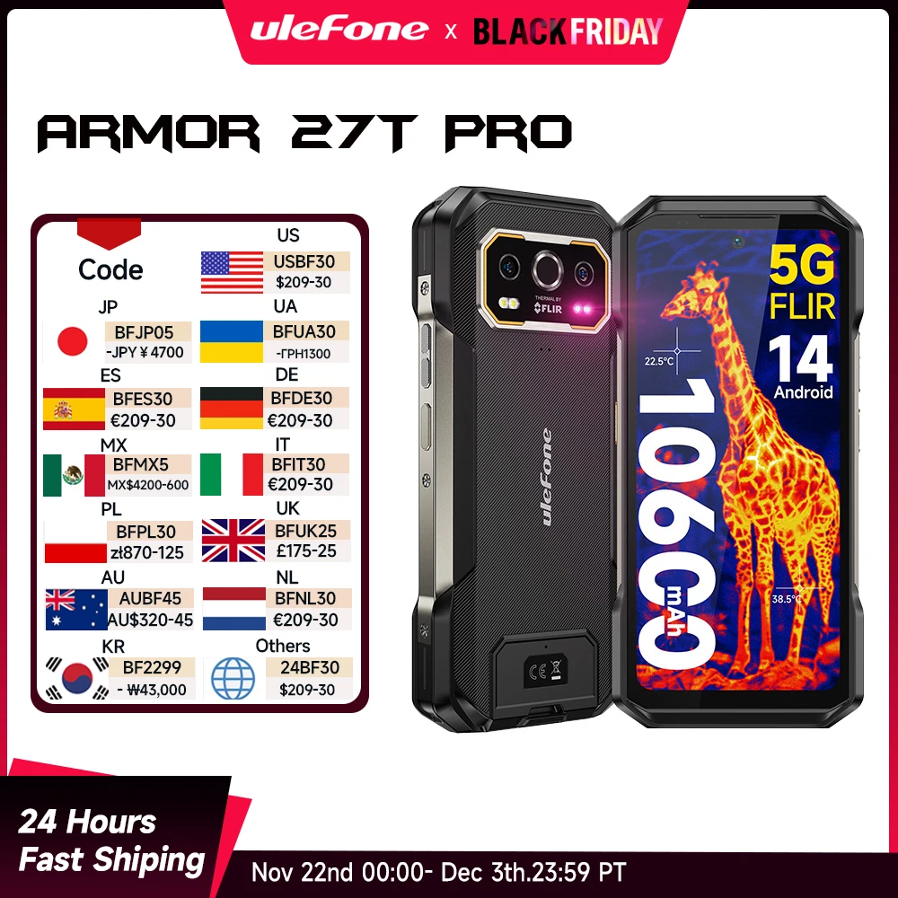 【세계 최초 공개】Ulefone Armor 27T Pro 5G 열화상 견고한 휴대전화 10600mAh 안드로이드 14 스마트폰 50MP+64MP 6.78