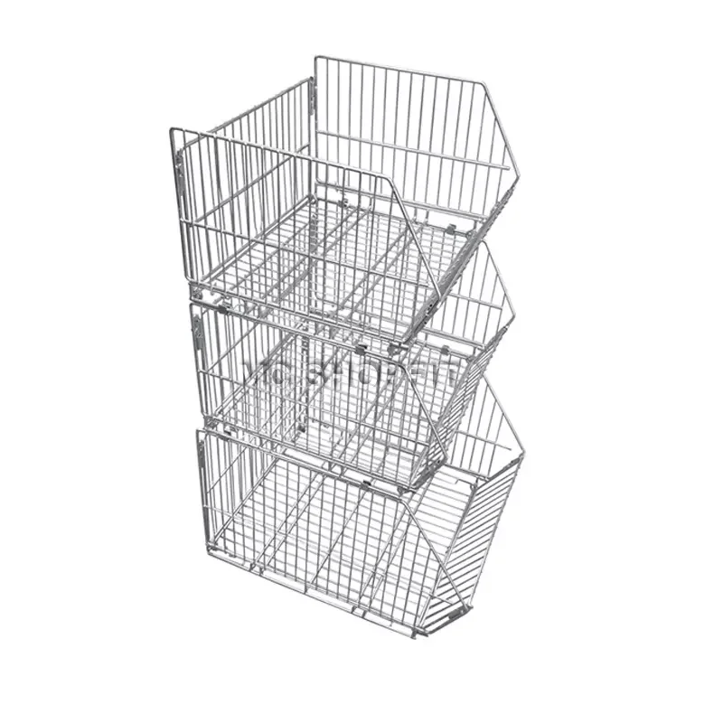 Grocery service equipment with galvanized line foldable tilt storage cage stacking basket