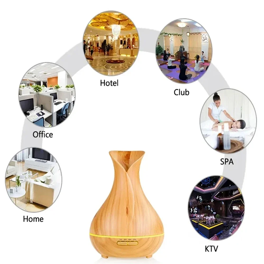 Air Humidifier 400ml Oil Aroma Diffuser Wood Grain LED Power-off Protection Night Light Timing 7 Colors Mist Sprayer for Spa