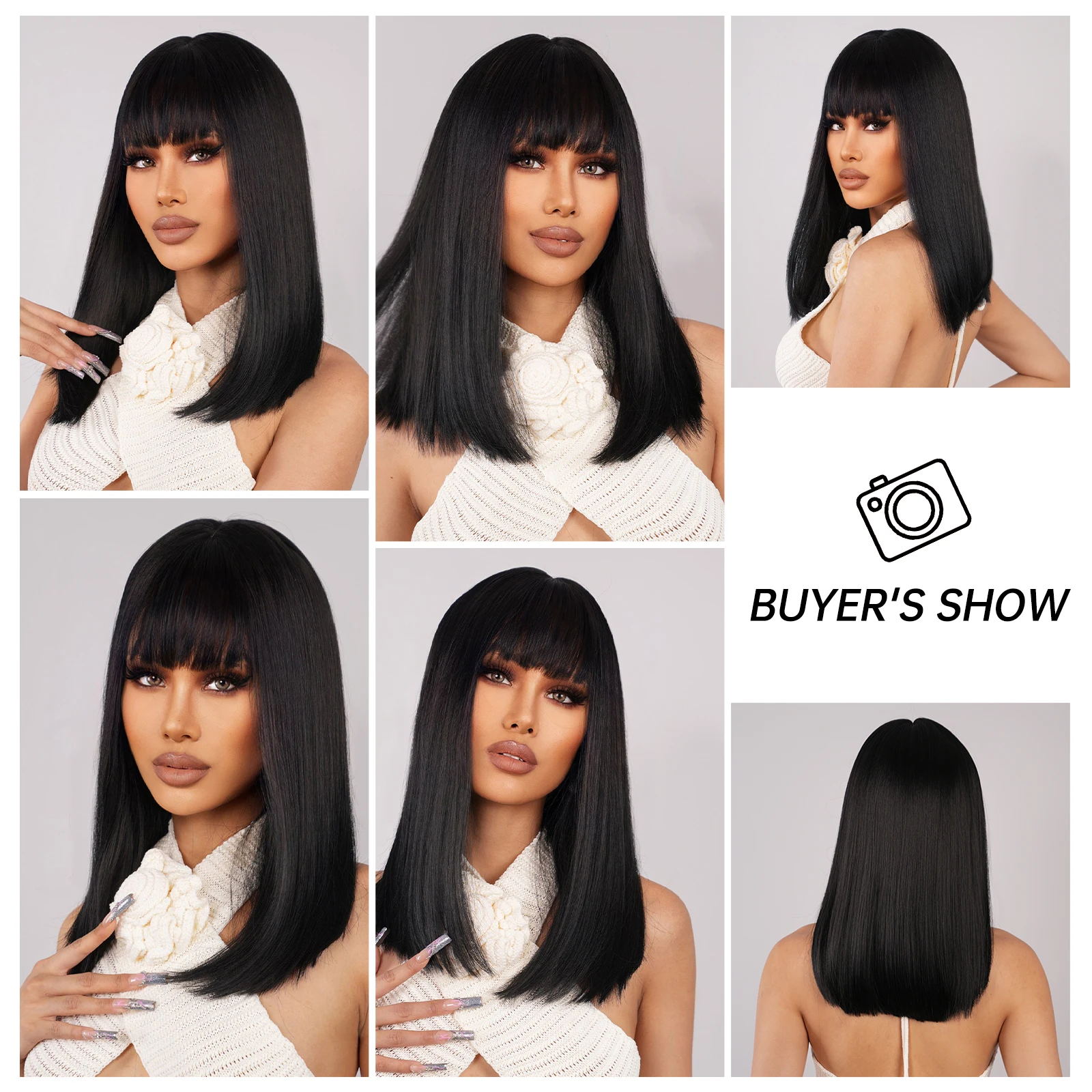 LOUIS FERRE Medium Black Straight Synthetic Wigs Natural Fake Hair Short Wigs for Women With Bangs Cosplay Daily Party Fiber Wig