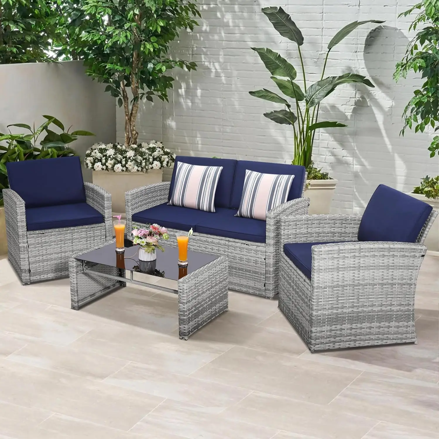 4-piece set of courtyard soft cushion furniture, segmented sofa with door strip, garden, backyard, gray rattan and blue cushion