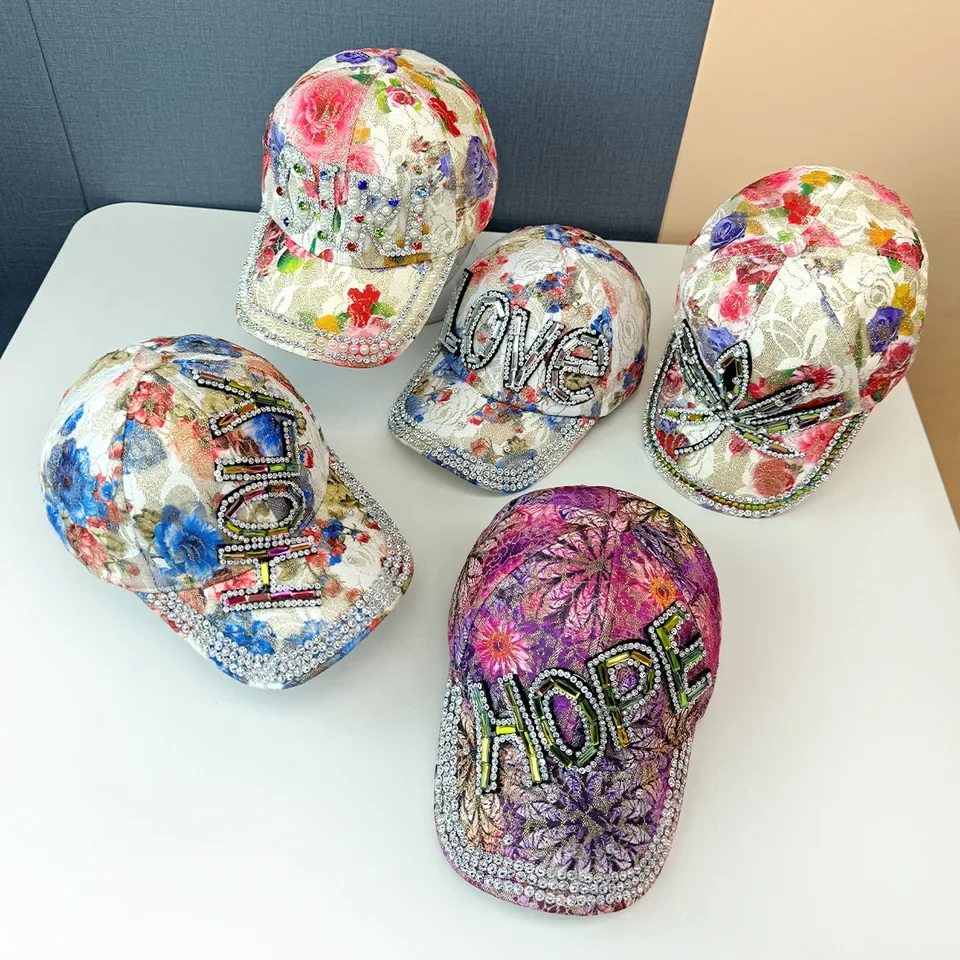 

Rhinestone Baseball Cap Floral Lace Visor Hat for Women UV Fashion Summer Outdoor