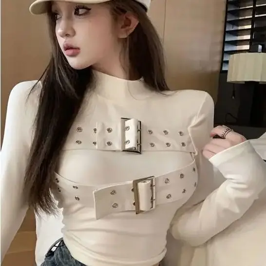 

Chic Buckle Long Sleeve T-Shirts Women Fashion Solid Simple Slim All-Match Basic Tops Ladies Hot Half High Collar Hole Ins New