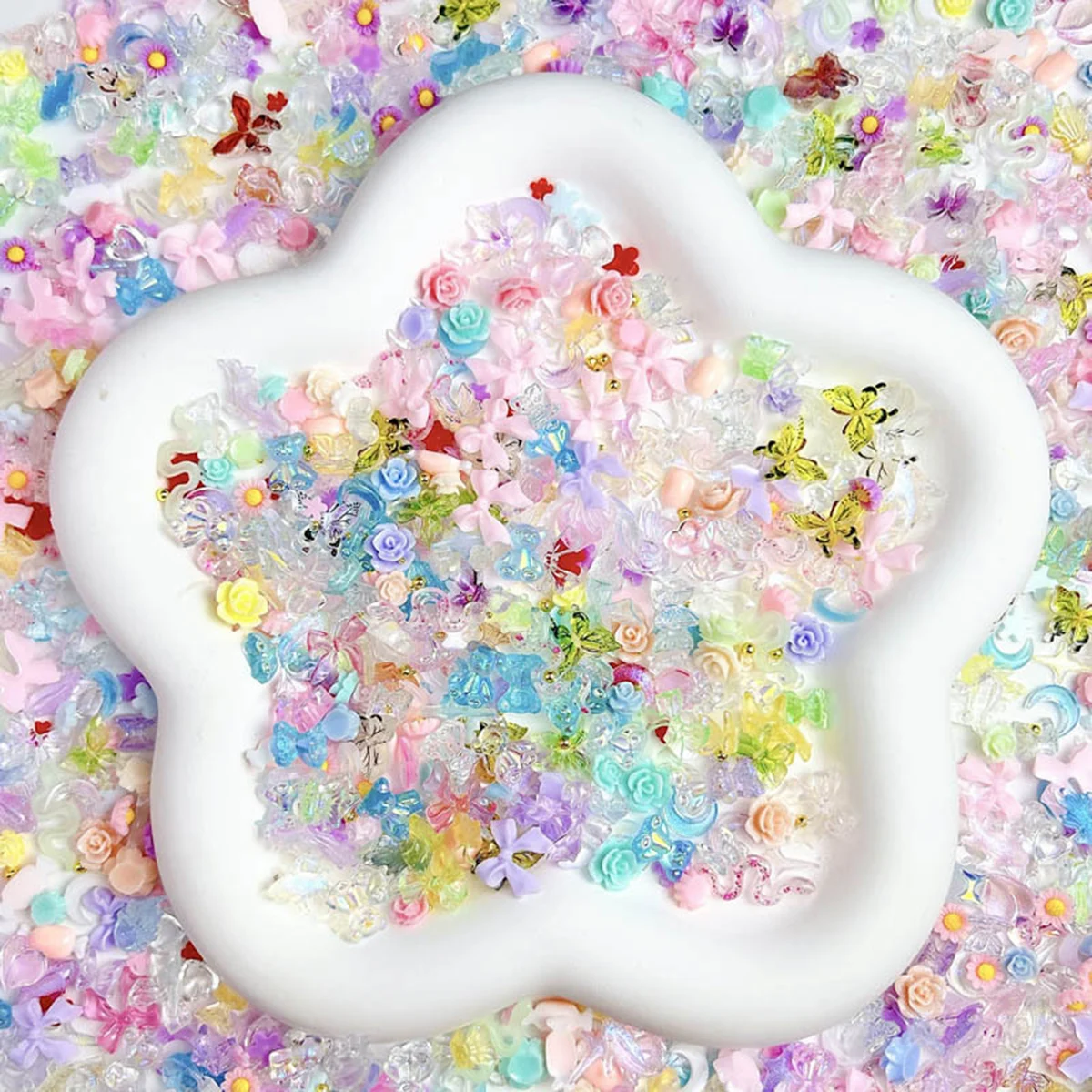 100개 랜덤 믹스 플라워 네일 참 스윗 레진 플랫백 문 네일 아트 데코레이션 액세서리 매니큐어 DIY