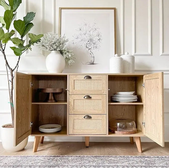 Rattan cabinets, rattan braids, three buckets, double doors, lockers against the wall, side cabinets, dining room, living room s