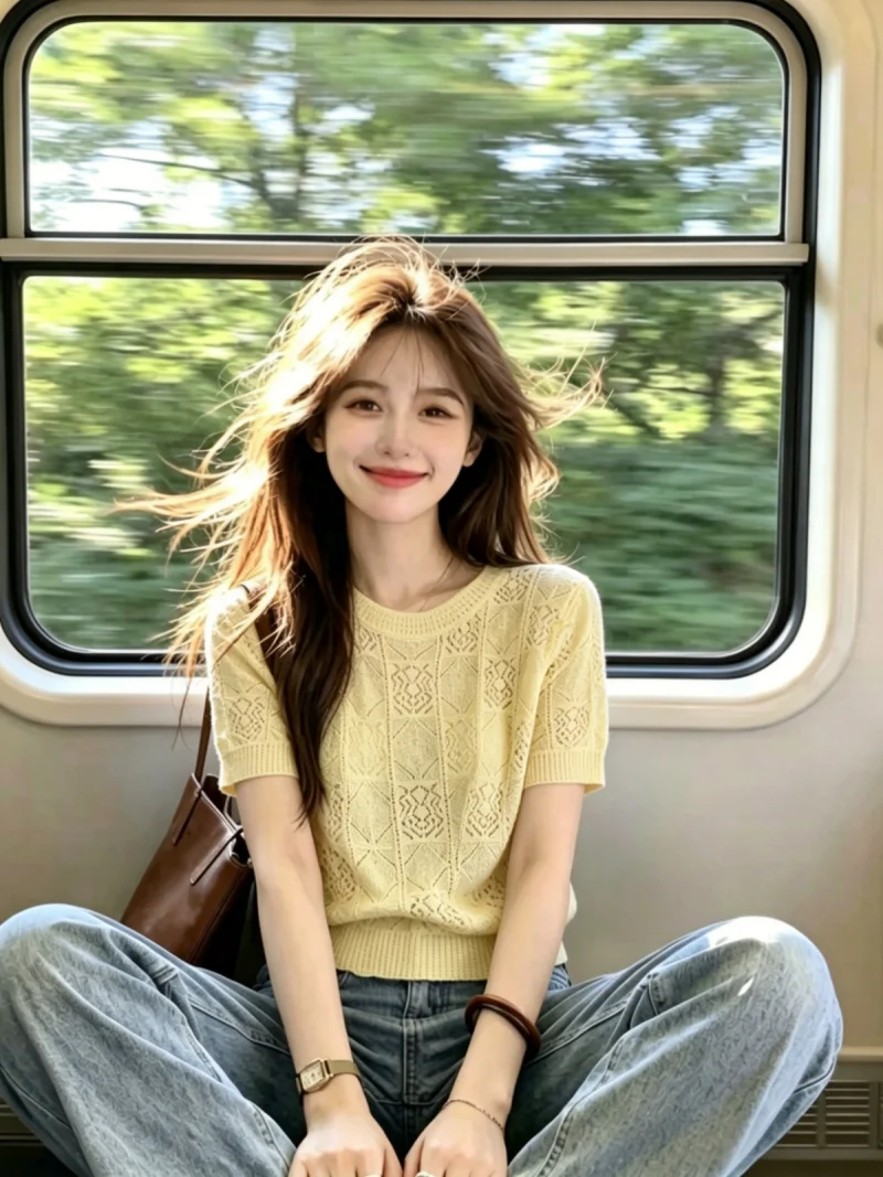 

Korean Style round Neck Short Sleeve Knitted Sweater Women's Summer New Gentle Match Self Kept Hollow out Hook Flower Top