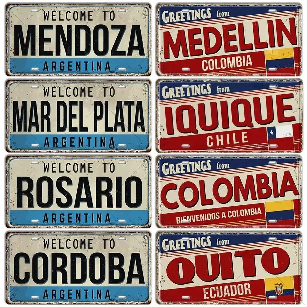 Chile Argentina Colombia Car Plate Landmark Metal Sign Vintage Decorative Wall Plaque City Name Tin Sign Bar Cafe Garage Decor