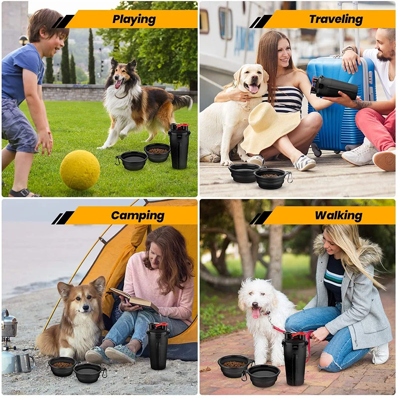 2 IN 1 Dog Cat Travel Water Bottle Food Container with Folding Silicone Bowl Outdoor Double Used Pet Water Bottle Feeding Bowls