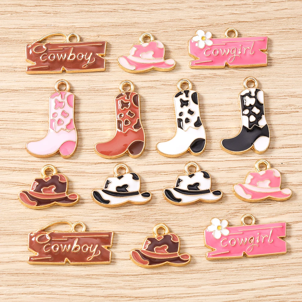 Tusember 10pcs Enamel Western Cowboys Hats Boots Charms Cowgirls Pendants for Jewelry Making Earrings Necklace DIY Accessories
