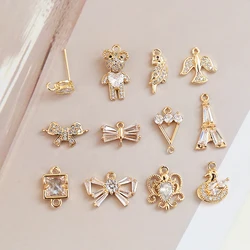 6pcs Micro-inlaid Zircon Heart Bear Bird Swallow Tower Pendant Diy Handmade Earrings Necklace Material Charms For Jewelry