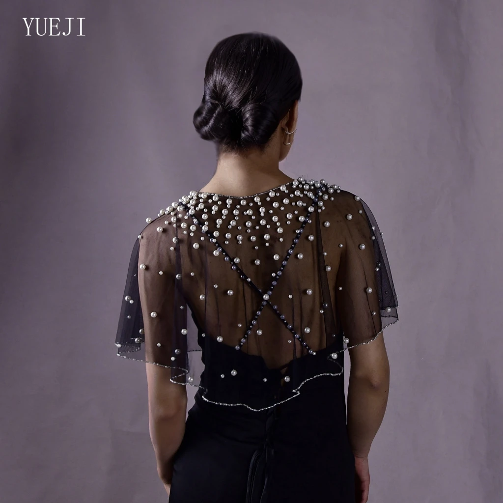 

YUEJI Stylish Black Short Beaded Shawl Handmade Bridal Shawl Detachable Bridal Sleeves Wedding Chiffon Bolero Pearl YJG31 DIY