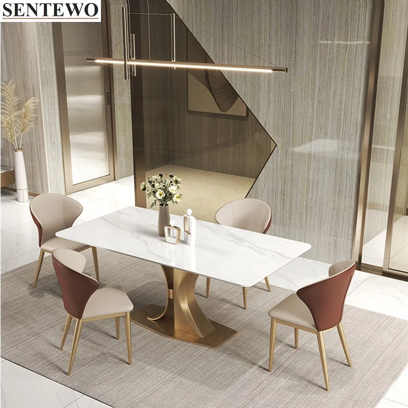 Luxury Rock Slab Kitchen Dining Table 4 Dinner Chair Set Stainless Steel Gold Frame Faux Marble Table Furniture Cuisine Meuble