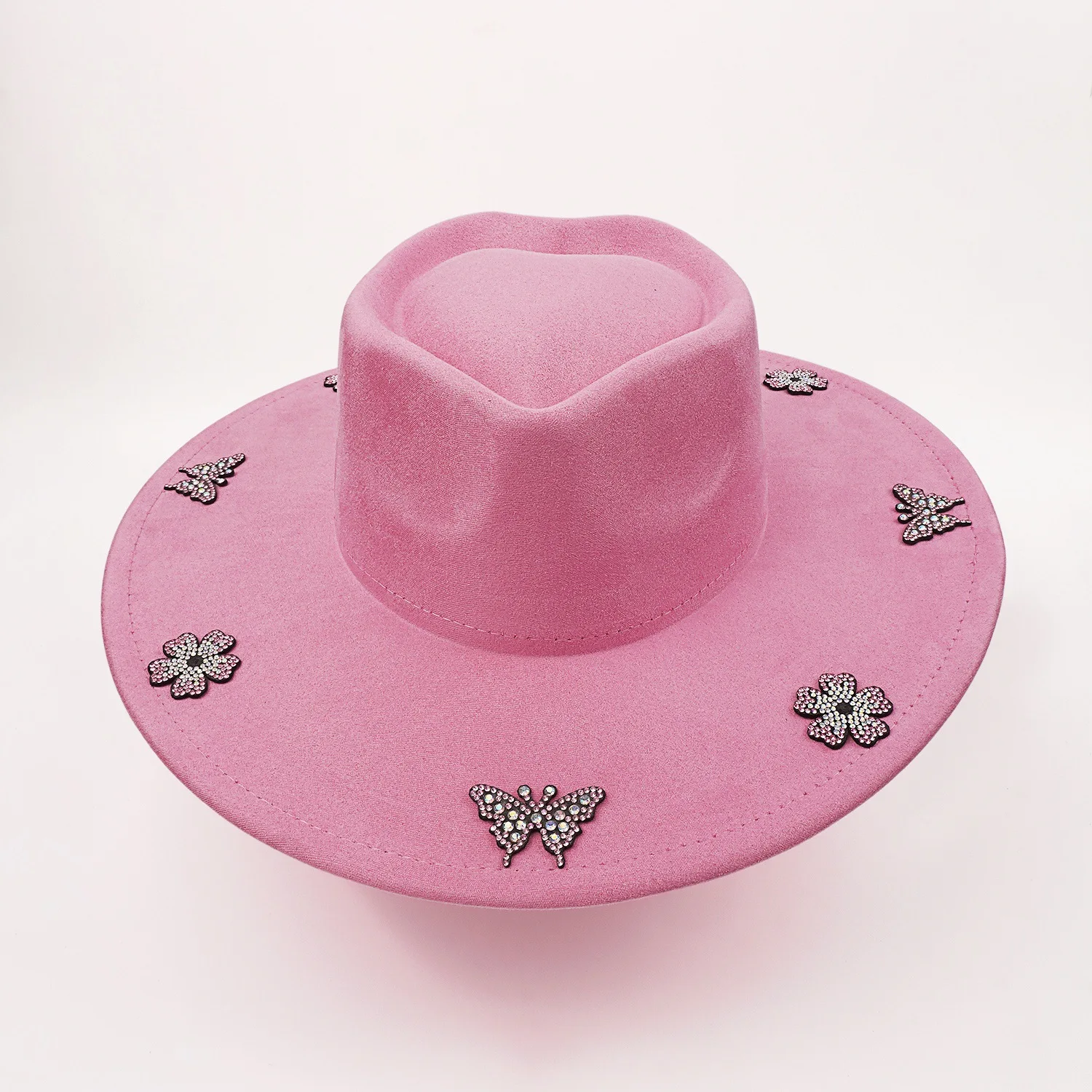 Pink Suede Rhinestone Butterfly Fedora Hat Wide Brim Western Cowboy Hat Festival Fashion Statement Felt Hat Vintage Cowgirl Cap