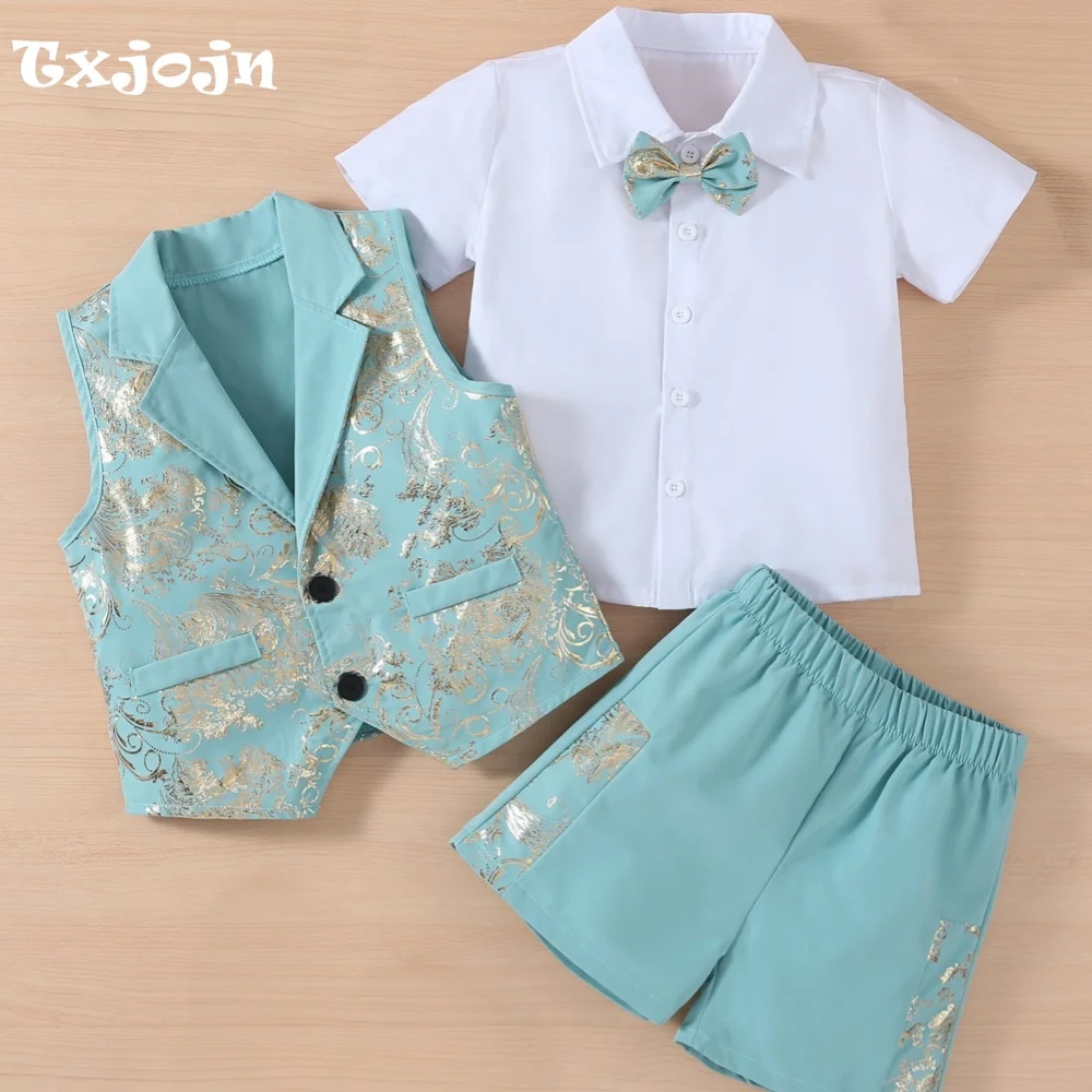 Homecoming Boy's Formal Suit Children's 3-Piece Set Foil-Printed Wedding Clothes Short-Sleeve Top Shorts Vest Kids Party Outfit