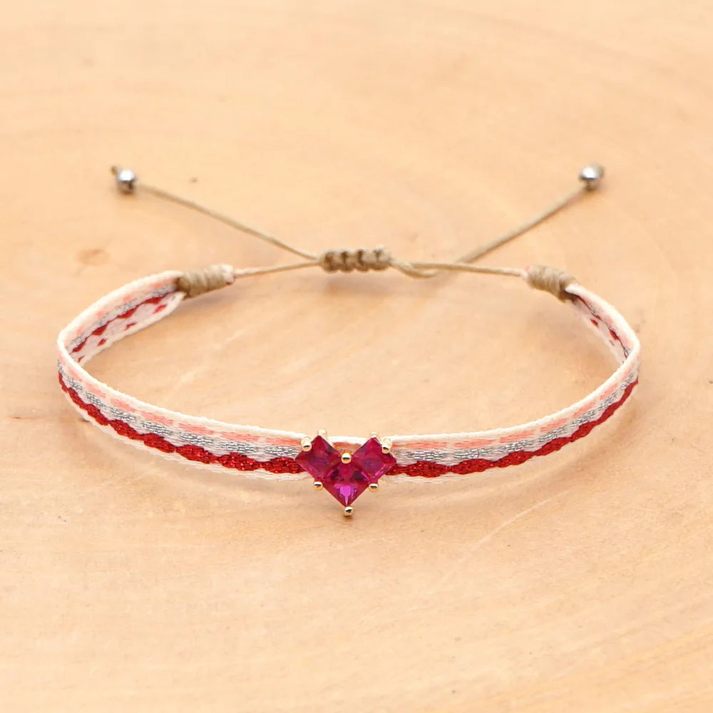 Handmade Cloth Fabric Bracelet, Braided Design & CZ Heart