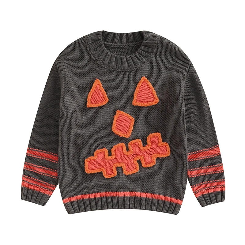 

Cathery Baby Halloween Sweaters Long Sleeve Crew Neck Pumpkin Face Embroidery Knit Tops Toddler Sweatshirts