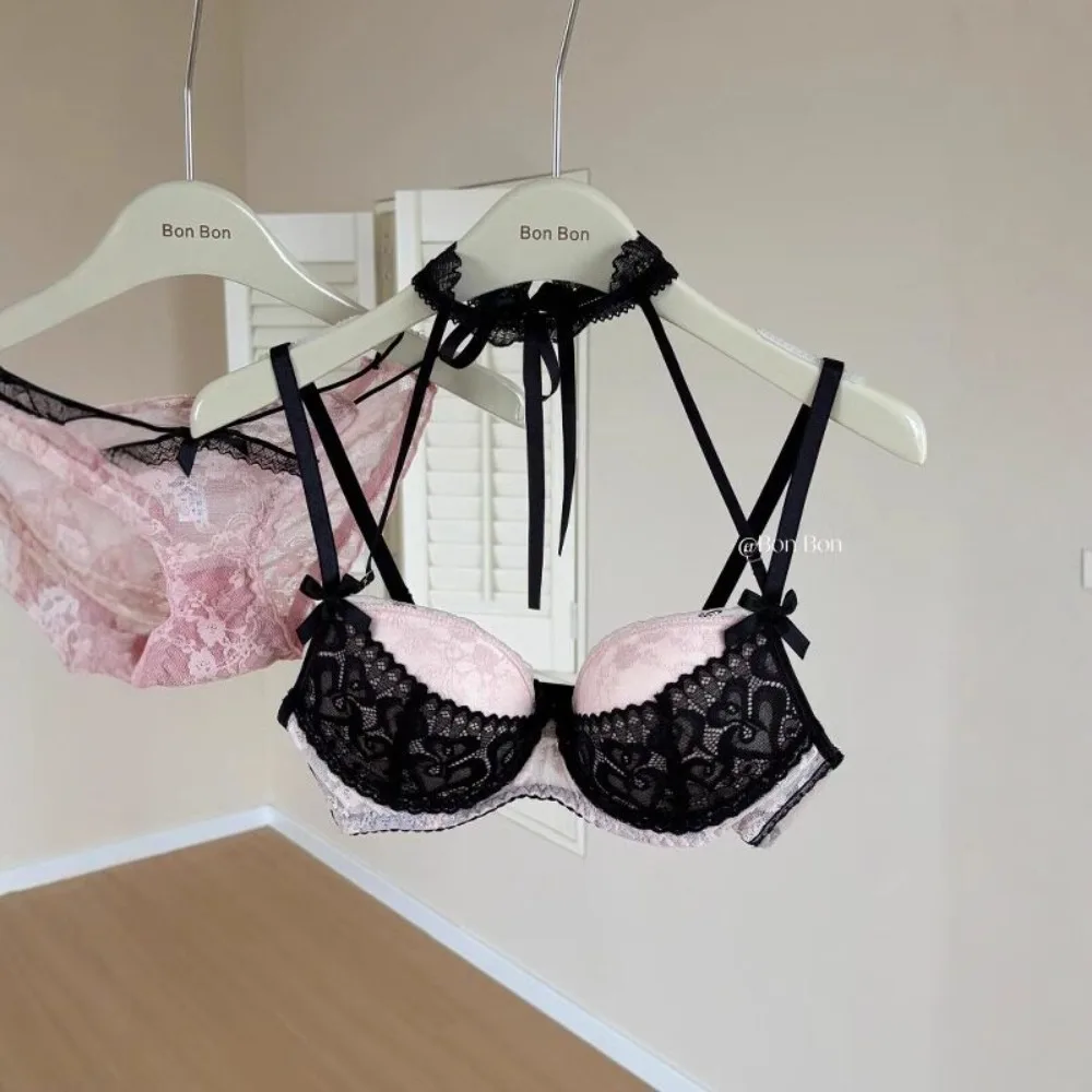 BANERDANNI French Style Lace Halter Neck Bra Set Women Push‑Up Lingerie Soft Comfort Stretchy Underwear for Small Bust セクシーな