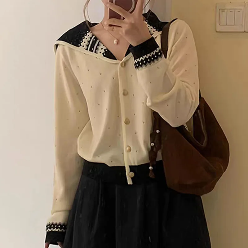 

Вязаный свитер, женские кардиганы, новый вязаный свитер с матросским воротником и длинными рукавами, кардиган, женские топы, трикотажные изделия Sueters De Mujer Q1468