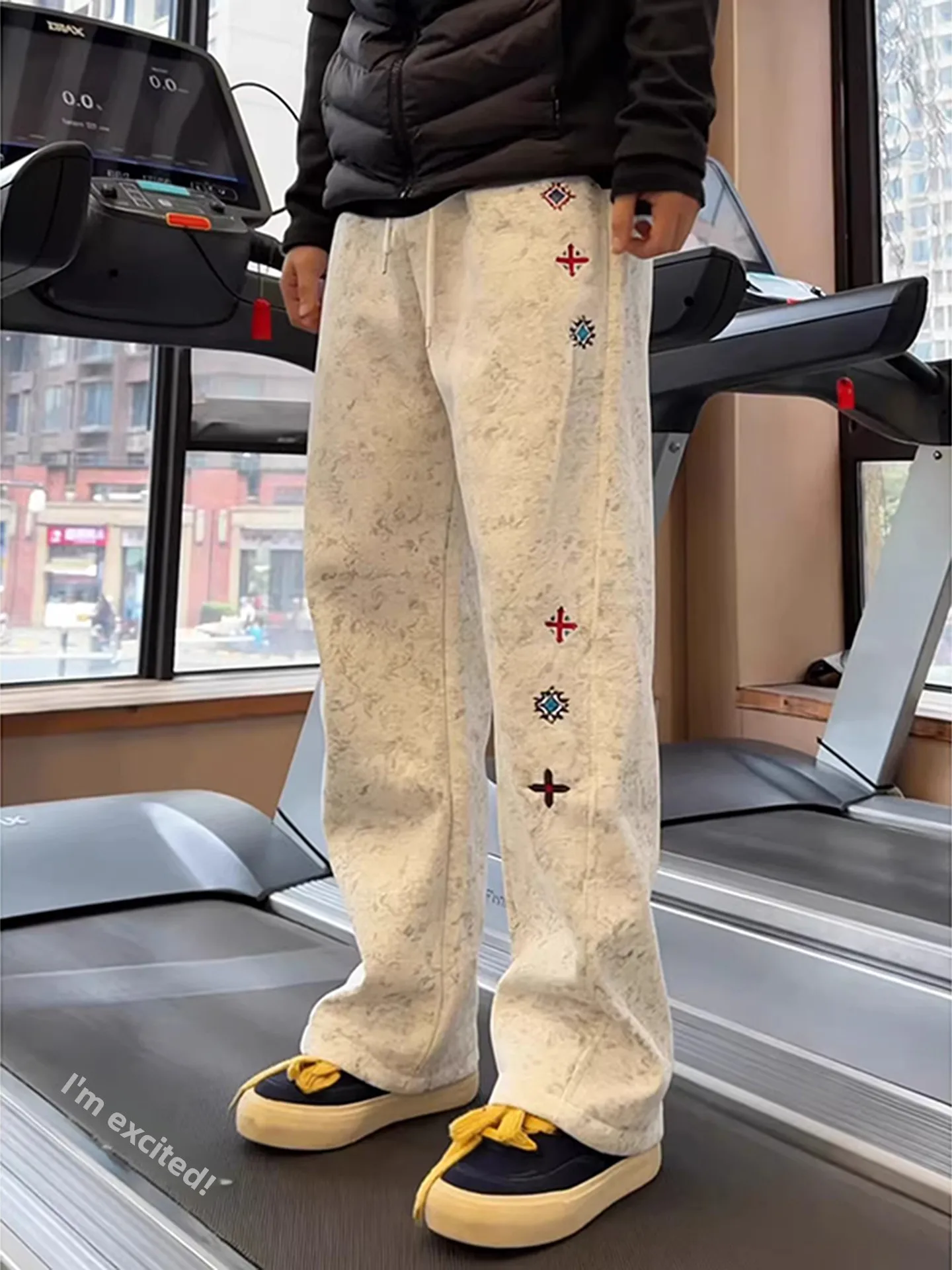 

ay And White Flower Embroidery Sla Dyed Pants Men's Spring Autumn Straight Leg Spor Trousers Casual Straight Pants