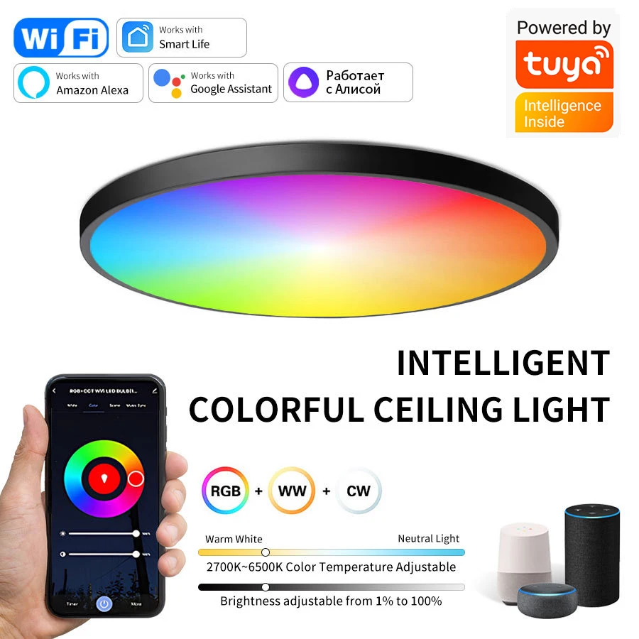Tuya Smart WiFi Bluetooth LED Ceiling Light AC85-265V 24W RGB WW CW Round Ceiling Lamp Smart Life APP Alexa Google Voice Control